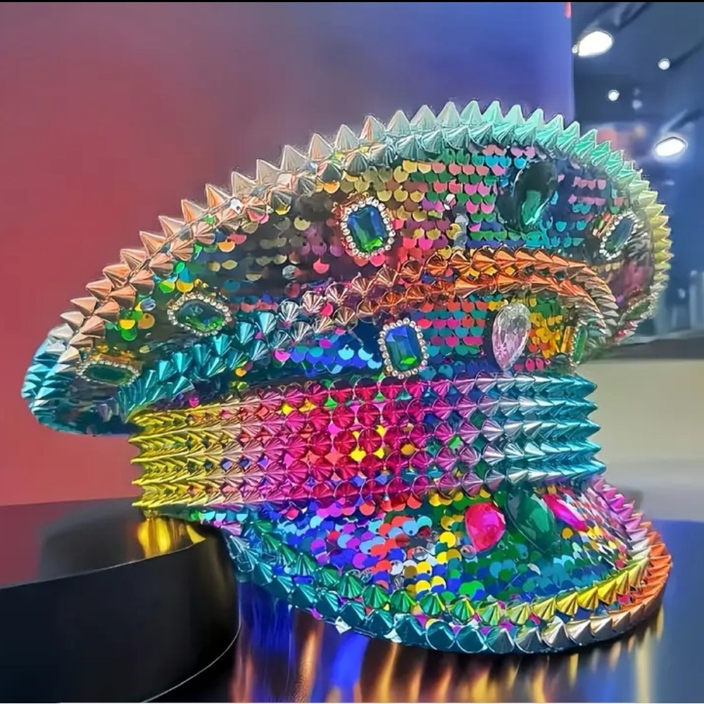Colorful Retro Punk  Rock Captain Hat with Sparkling Rhinestones